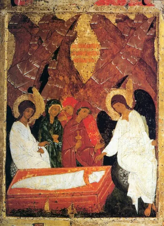 Russian icon of three women in colored cloaks standing behind an empty red tomb with white grave cloths, between two white-robed angels