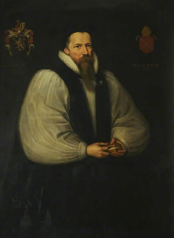 Portrait of a bearded Anglican bishop in a white rochet and black chimere with a white ruff, seated against a dark background with coats of arms
