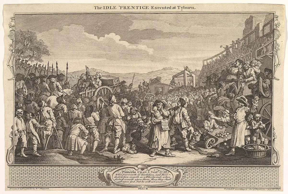 An engraving of a huge crowd at Tyburn with a cart, horsemen, spectators in grandstands and the triple gallows in the distance