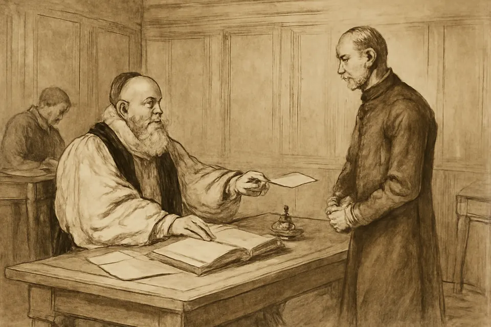 Ink-drawing-style scene of a lean priest standing calmly before a bishop seated at a table with papers and a large open Bible in a wood-paneled room