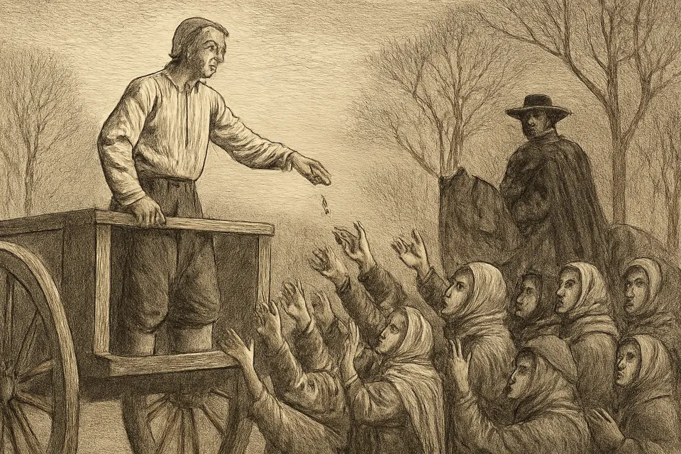 Engraving-style scene of a priest in a white shirt standing on a cart on a frosty morning, scattering silver coins to the poor crowding below
