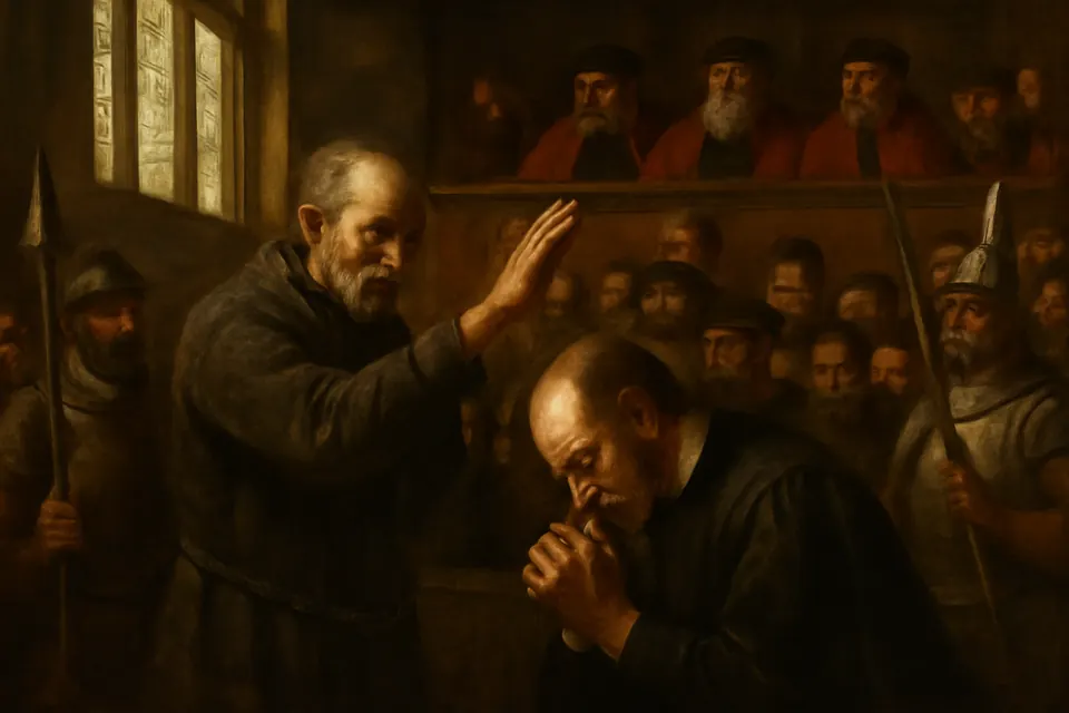 Painting-style scene of a chained priest in an Elizabethan courtroom raising his hand in blessing over a kneeling man in a minister's black gown