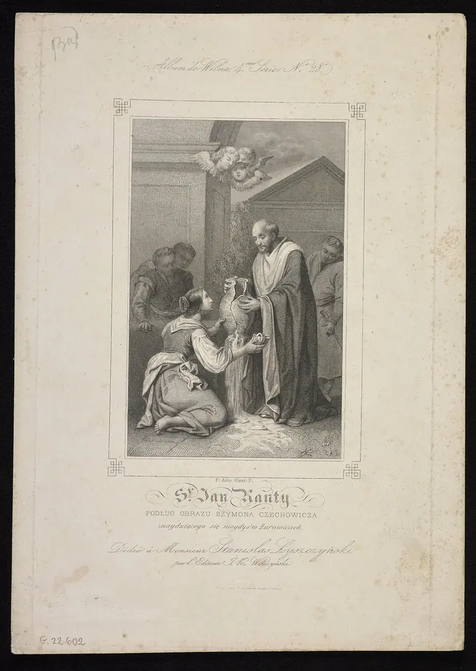 Nineteenth-century engraving of St. John Cantius handing a jug to a kneeling servant girl, with onlookers behind and a cherub in the clouds above