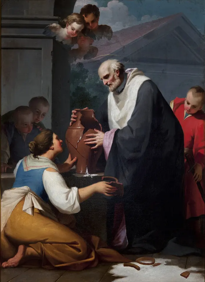 Baroque painting of an old priest in a black gown and white collar handing a mended clay jug to a kneeling young servant girl, with the broken pieces on the floor and cherubs above