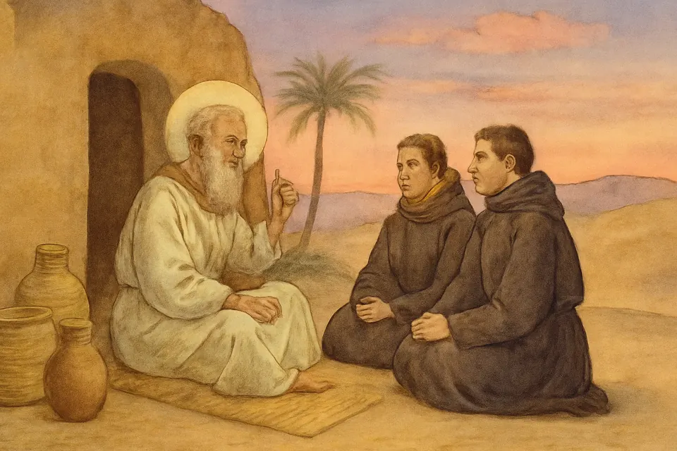 Illustration of two young monks, Cassian and Germanus, sitting on mats and listening to an old hermit in the Egyptian desert
