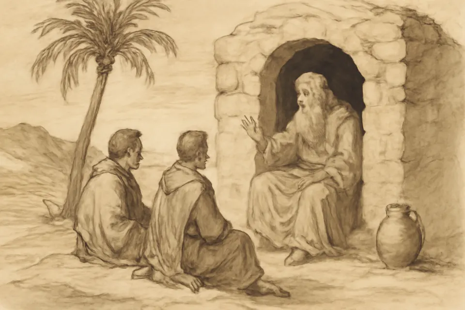 Ink drawing of the young John Cassian and his friend Germanus sitting at the feet of an old hermit in the Egyptian desert