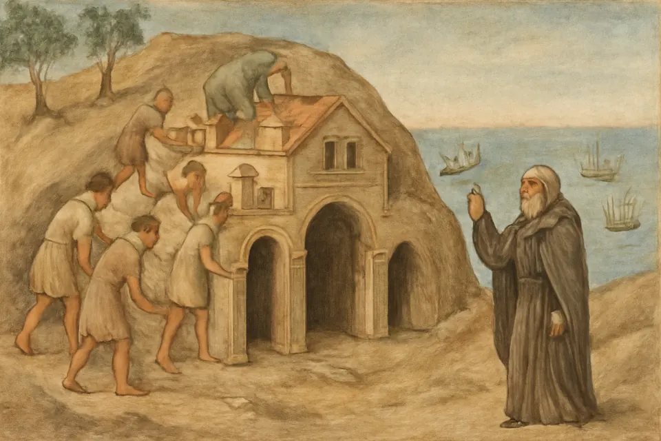Illustration of John Cassian blessing monks at work building a small monastery beside the harbor of ancient Marseille