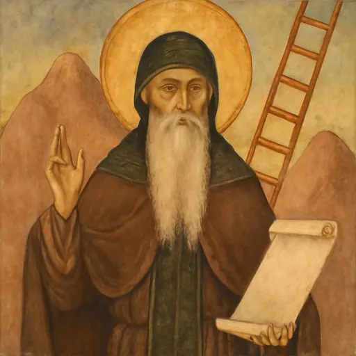 Fresco-style portrait of St. John Climacus as an elderly desert monk with a long white beard, holding an open scroll, with a ladder rising behind him