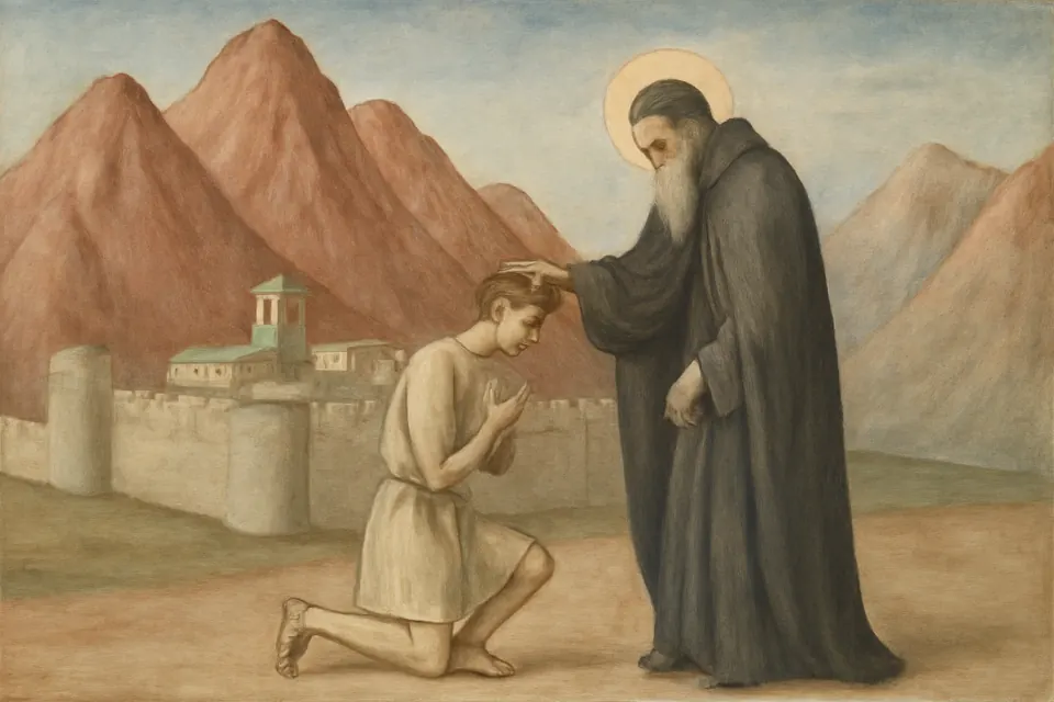Illustration of a sixteen-year-old youth kneeling before an old monk at the foot of the red granite mountains of Sinai