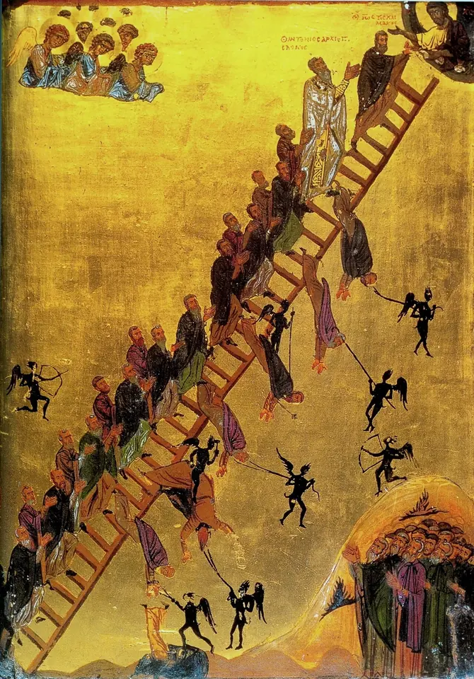 A 12th-century gold-ground icon of monks climbing a long diagonal ladder toward Christ at the top, while small black demons pull some of them off with ropes and hooks, and angels and a group of monks watch from the sides