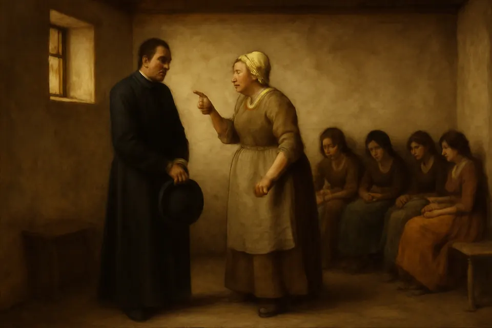 Illustration of a priest in a black cassock listening to a plainly dressed older woman who points toward a group of poor young women in a bare room