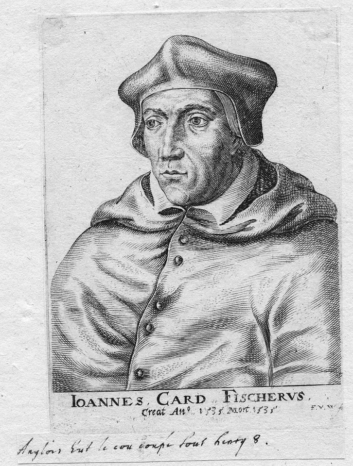 Engraved portrait of John Fisher as a cardinal in a square biretta and caped mozzetta, with the Latin caption Ioannes Card. Fischerus