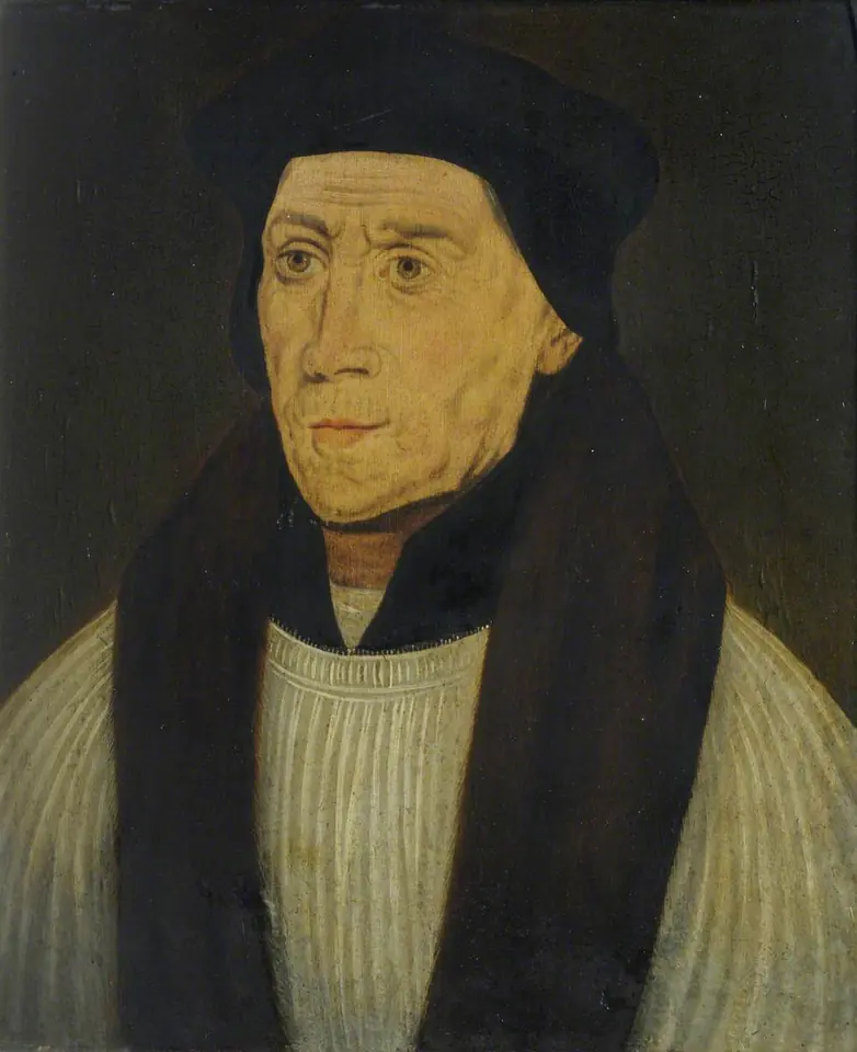 Painted portrait of John Fisher in a black cap and black chimere over a white rochet, his long face turned slightly to the left