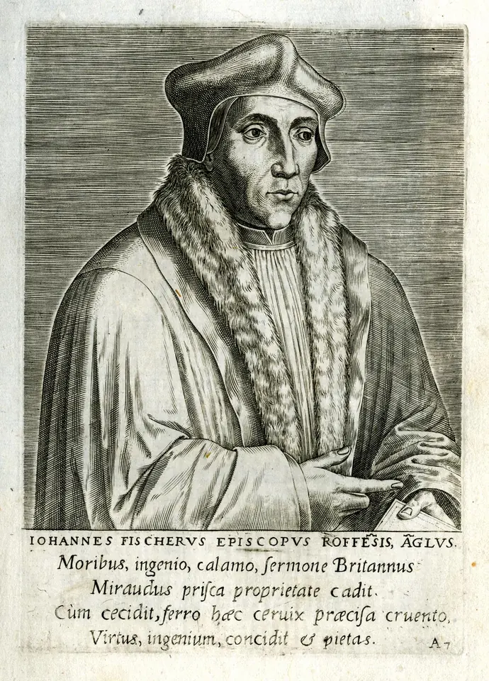 Engraved half-length portrait of John Fisher in a square cap and fur-lined gown, with a Latin verse below lamenting that virtue, genius and piety fell with his head