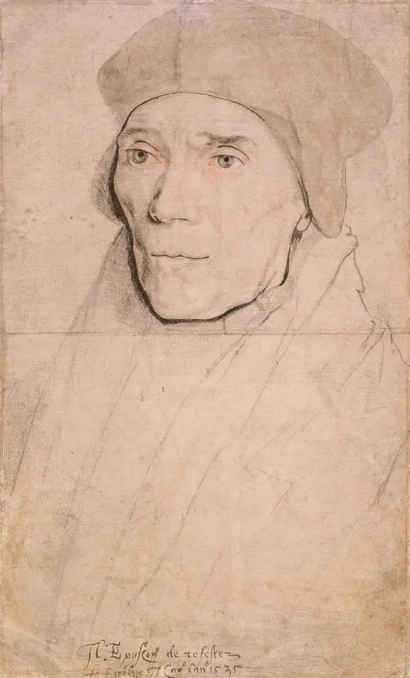 Holbein's chalk drawing of John Fisher, an elderly, clean-shaven man with a lined face and heavy-lidded eyes, wearing a soft cap pulled over his ears