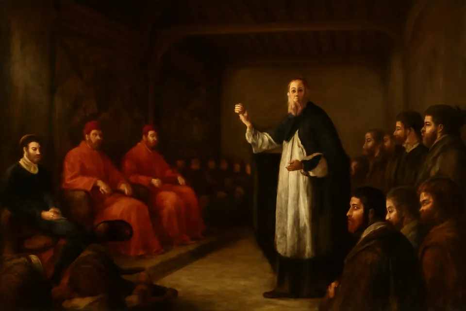 Illustration of Bishop John Fisher standing to speak in the legates' court at Blackfriars in 1529, with Queen Catherine seated nearby