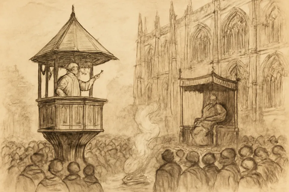 Illustration of Bishop John Fisher preaching from the open-air pulpit at St. Paul's Cross in London in 1521 while books burn below
