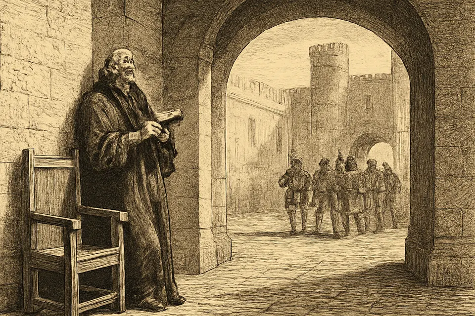 Illustration of the frail John Fisher leaning against a wall at the Tower of London gate and opening a small New Testament on the morning of his death