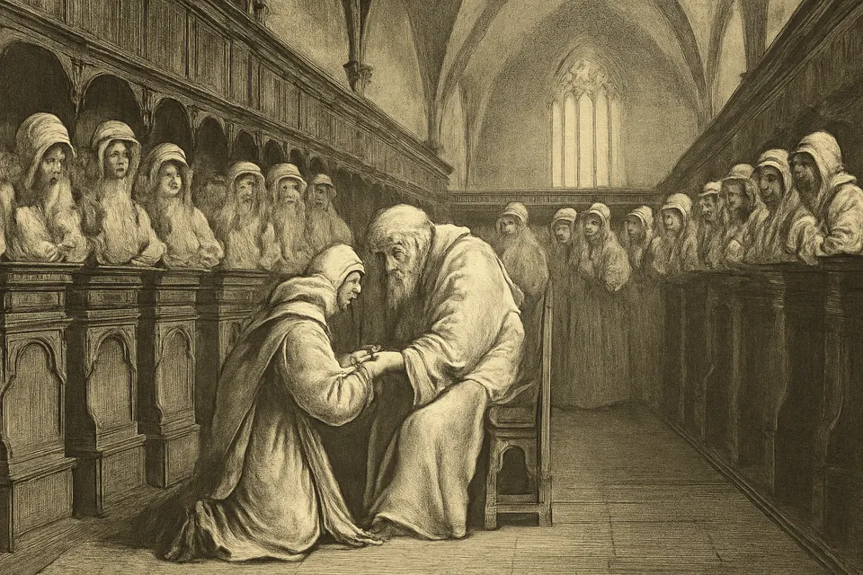 Engraving-style scene of a Carthusian prior kneeling before an aged monk in the choir to ask his forgiveness while the other monks watch