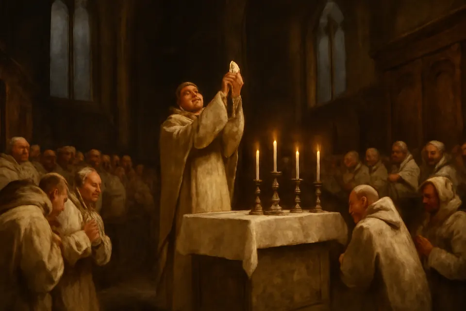 Oil-painting-style scene of a Carthusian prior weeping at the altar as he raises the Host, while white-robed monks kneel in the choir stalls of a candlelit chapel