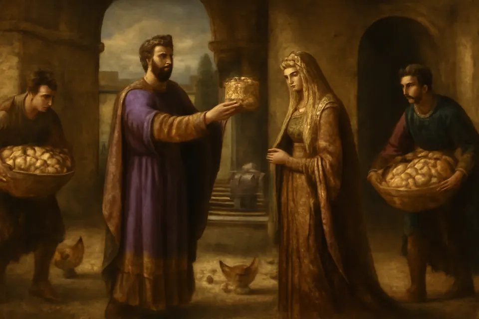 Oil-painting-style scene of a Byzantine emperor smiling as he presents a jeweled crown to the empress, with baskets of eggs and hens in a palace courtyard