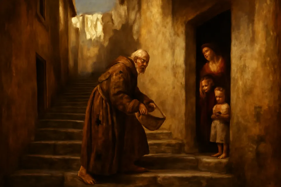 Painting-style scene of a barefoot friar in a patched habit climbing a narrow stair in old Naples with a basket, as a poor family waits at the top