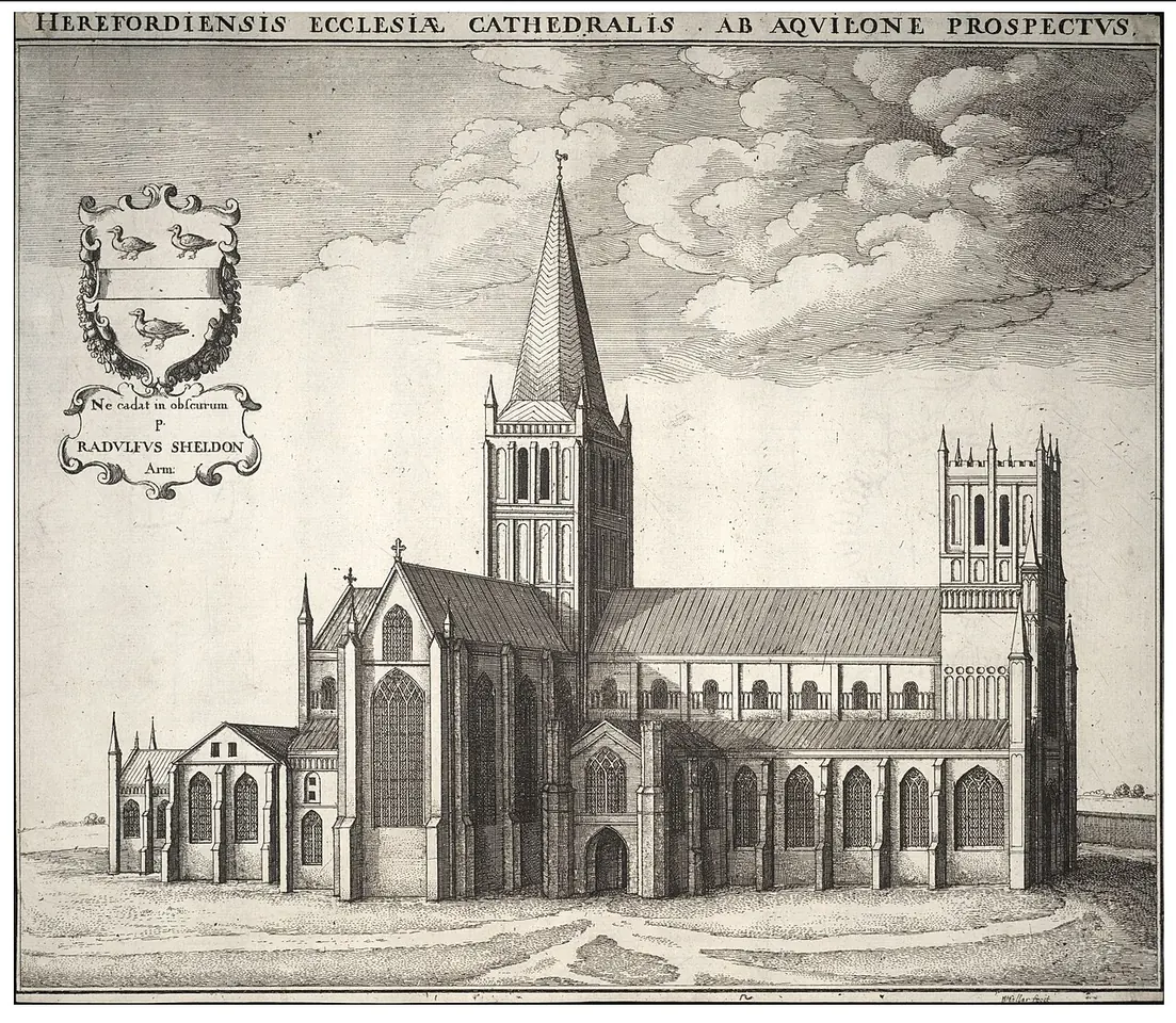 An engraving of Hereford Cathedral seen from the north, with its tall central tower and spire and a coat of arms in the corner