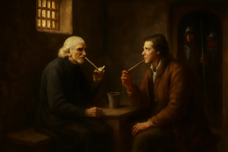 Oil-painting-style scene of an old white-haired priest calmly smoking a long clay pipe beside a jail officer in a stone room before his execution