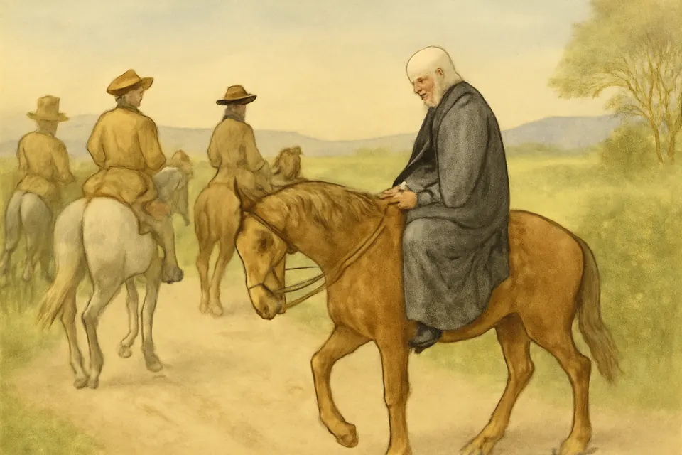 Watercolor-style scene of an old priest riding sidesaddle on a horse along a country road between mounted guards