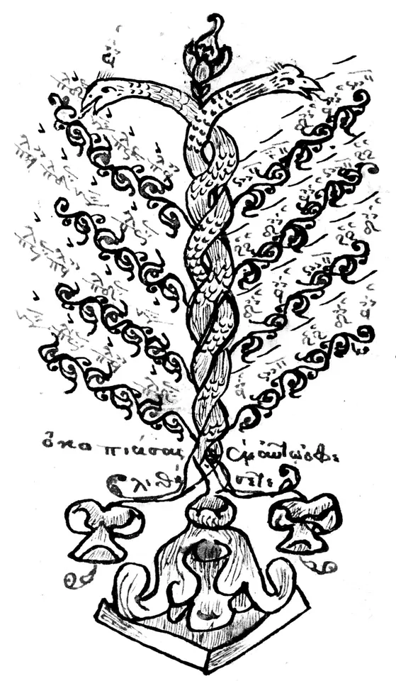 Manuscript drawing of a tree-like candelabrum whose branches are made of chant signs and Greek words, drawn in black ink