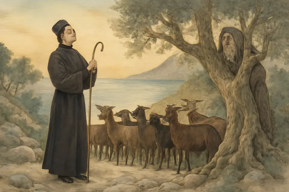 Watercolor-style scene of a young monk singing on a rocky Athos hillside while a flock of goats stands still around him listening
