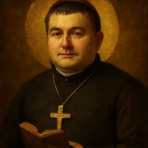 Oil-painting-style portrait of St. John Neumann as a short, dark-haired bishop in a black cassock with a pectoral cross, holding a small book