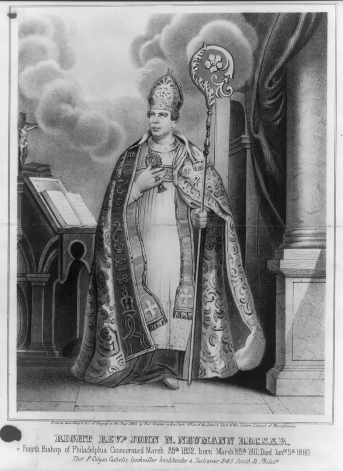 Lithograph of Bishop Neumann standing in a richly embroidered cope and tall miter with a crozier, beside a lectern with an open book, under a Gothic arch
