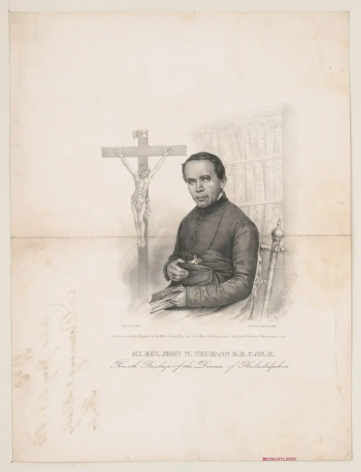 Nineteenth-century print of Bishop Neumann seated at a table in a black cassock, a book in his hands, with a crucifix and bookshelves behind him