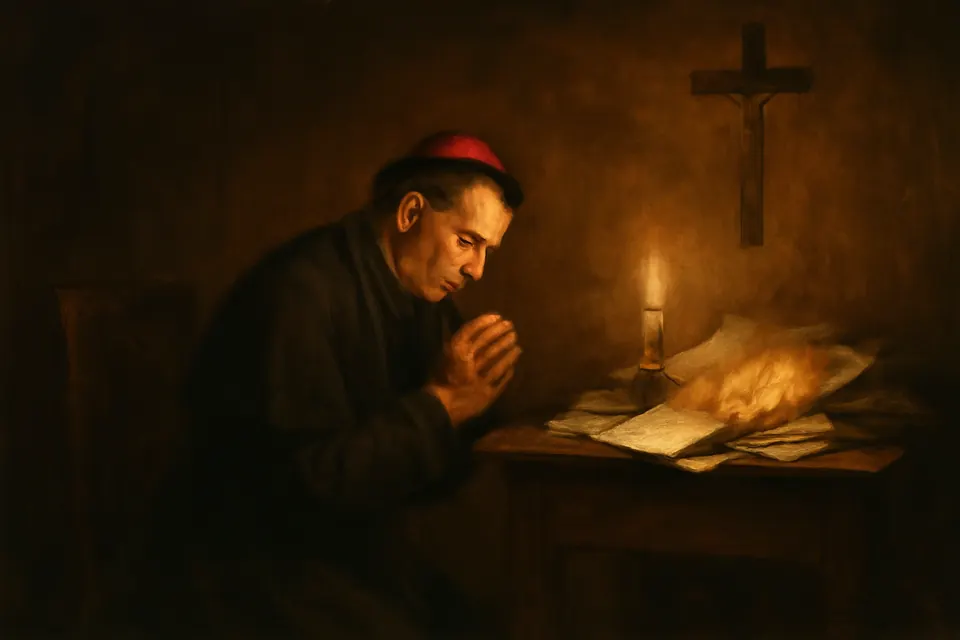 Illustration of a bishop kneeling at night beside a desk covered with letters, the stub of a candle burned down among the papers