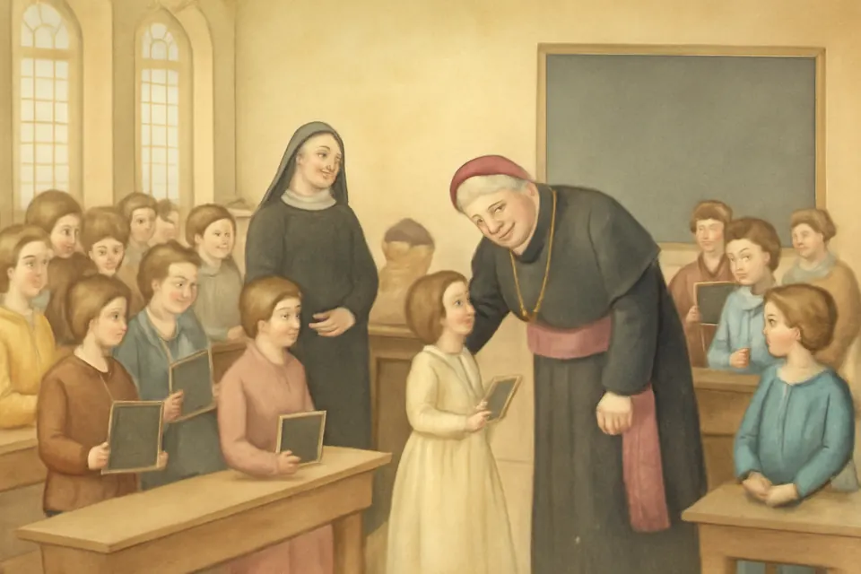 Illustration of a bishop in a black cassock visiting a crowded 1850s parish schoolroom, where children stand at their desks and a sister teaches