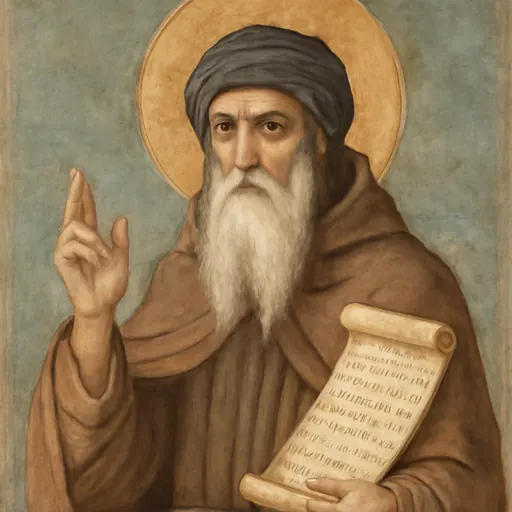 Icon-style portrait of St. John of Damascus as an old monk with a long white beard and a wrapped hood, holding an open scroll