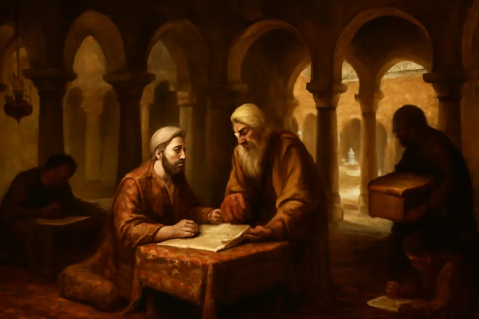 Oil-painting-style illustration of young John at work among scribes and ledgers in the treasury of the caliph's palace in Damascus