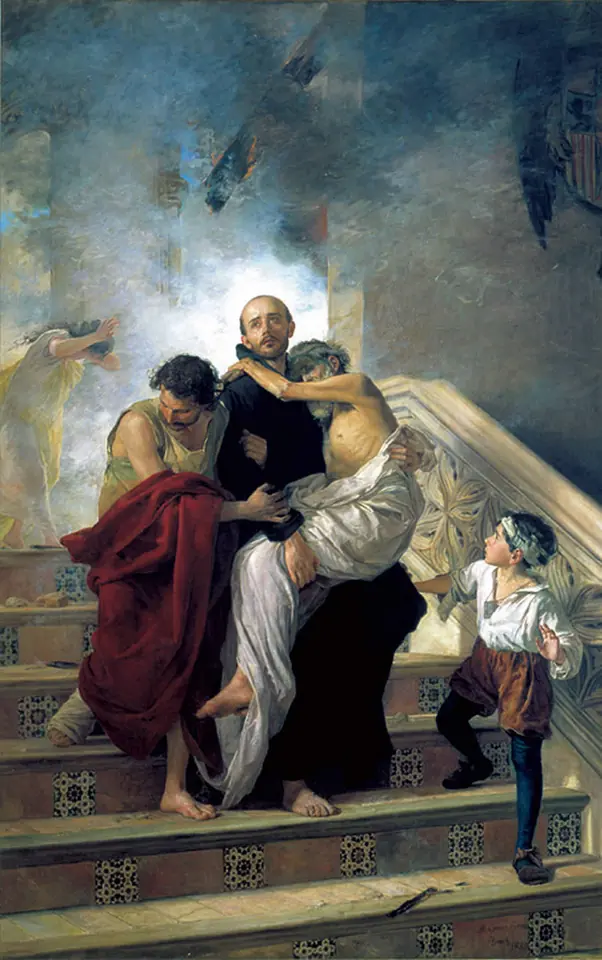 John of God in a black habit carries a pale, half-dressed patient down a smoky staircase, helped by another man, while a frightened boy clings to them