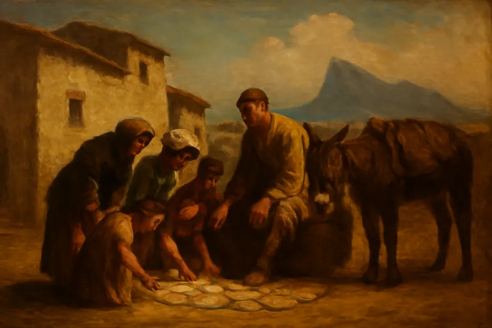 Illustration of John of God selling religious books and holy pictures from a pack in a village near Gibraltar