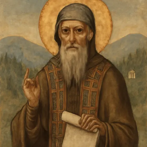 Fresco-style portrait of St. John of Rila as an old hermit monk with a long gray beard and dark monastic habit, holding a scroll and blessing, with mountains behind