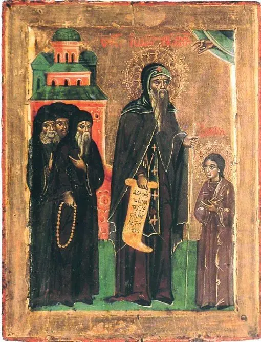 Icon of a tall monk in black holding an unrolled scroll, standing between two other monks and a boy, with a church building behind them