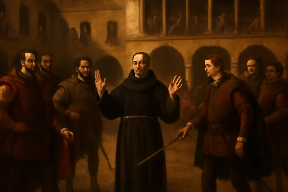 Oil-painting-style scene of a friar in a black habit standing between two groups of armed noblemen in a Spanish city square, his hands raised to make peace