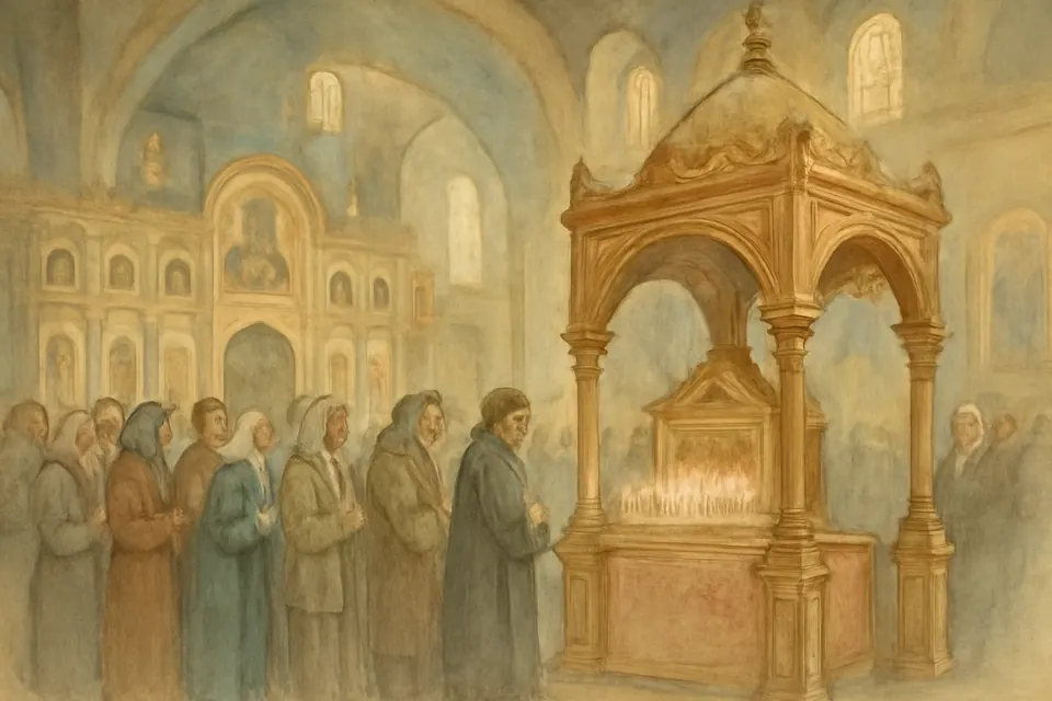 Watercolor-style scene of pilgrims venerating a shrine inside a golden-domed Orthodox cathedral