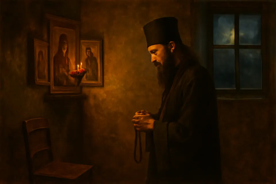 Oil-painting-style scene of an Orthodox bishop praying alone at night before icons lit by a lamp