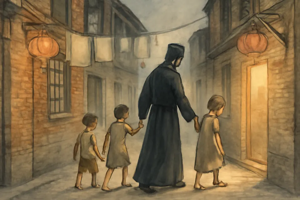 Illustration of Bishop John in a black cassock leading two small barefoot children by the hand through a narrow Shanghai alley at dusk