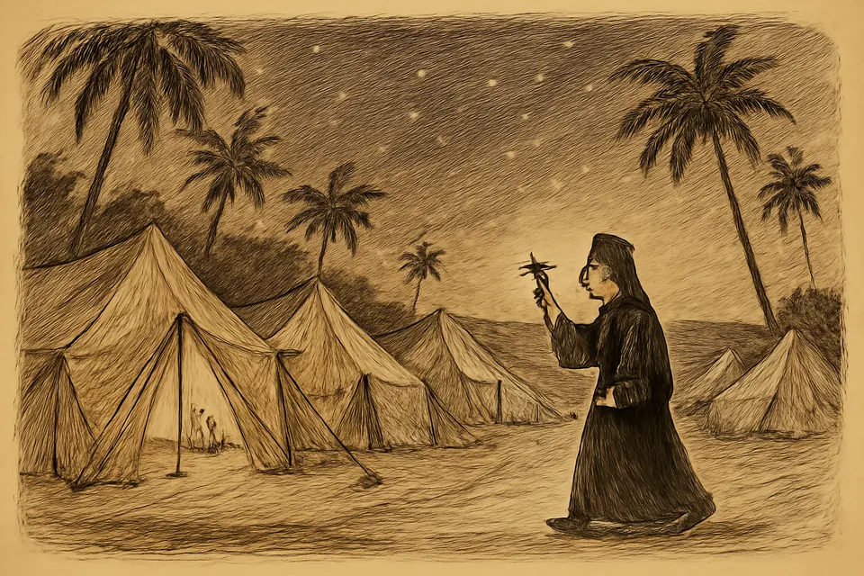 Illustration of Archbishop John walking at night among the refugee tents of Tubabao island, blessing them with a cross