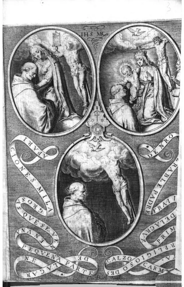 Engraving with three oval scenes of kneeling friars and nuns seeing images of Christ crucified and other figures appear, surrounded by banners with Latin lettering