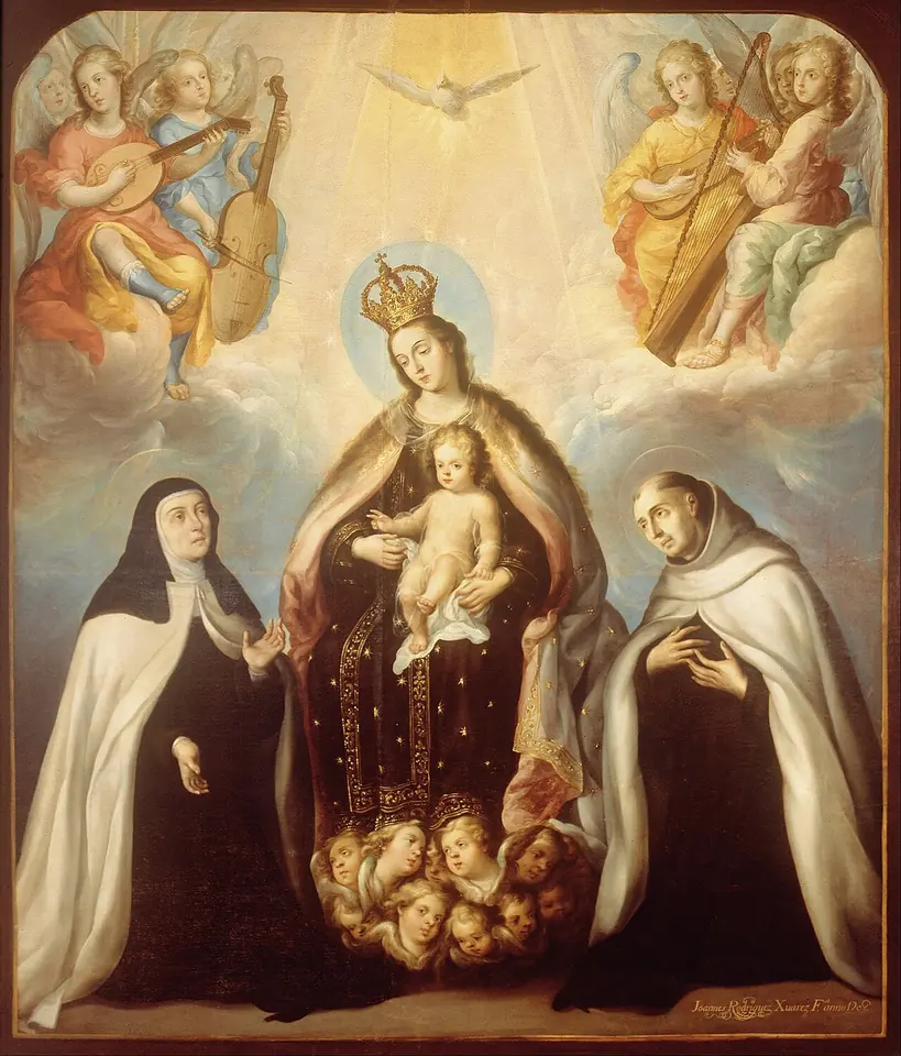 Mexican Baroque painting of the crowned Virgin Mary holding the Christ Child on clouds, with St. Teresa kneeling at the left and St. John of the Cross at the right, both in Carmelite habits, and angels playing music above