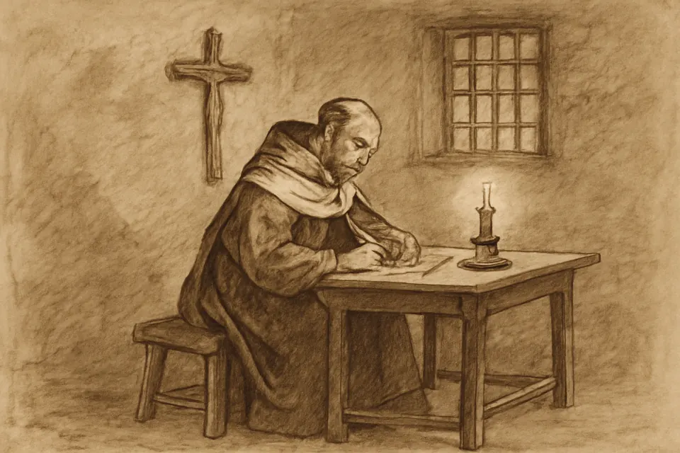 Ilustración en estilo tinta de un pequeño fraile carmelita que dibuja en un trozo de papel a la luz de una vela en el locutorio de un convento